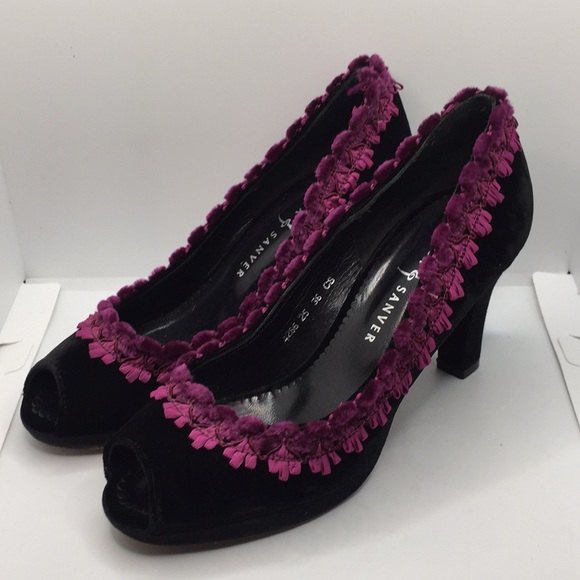 Rebeca Sanver Velvet Peep Toe Heels Black Purple Size 6 Formal - Picture 11 of 14